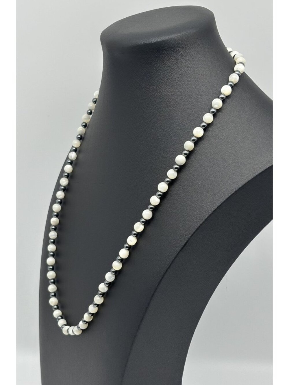 Vintage Mother of Pearl and Hematite Beaded Necklace Silver Tone Filigree Clasp